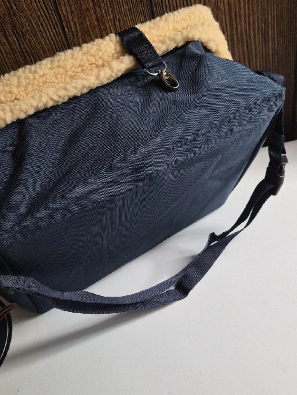 Dog Carseat Navy & Beige Plush Lined Carrier